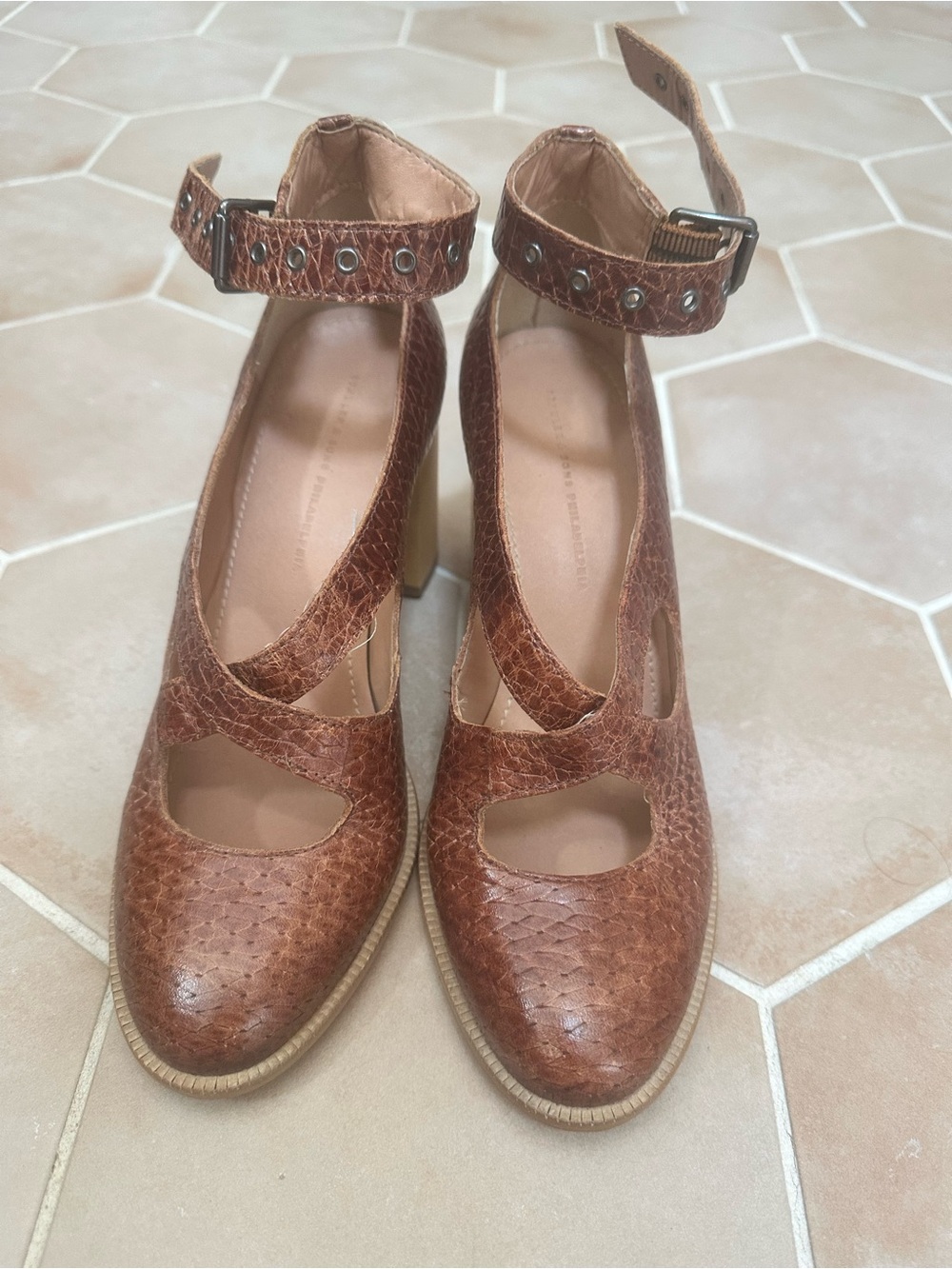 Textured Brown Ankle-Strap Heels with Cutout Detail
